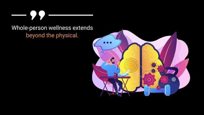 An image featuring a brain and a person at a desk, signifying that whole-person wellness extends beyond physical health to include mental and intellectual well-being.